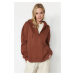 Trendyol Light Brown Thick Fleece Hooded Zippered Basic Oversized Knitted Sweatshirt