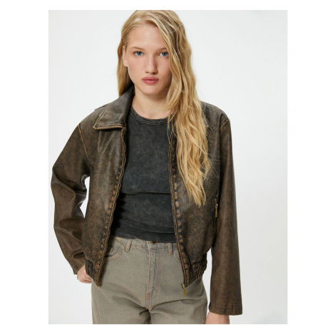 Koton Faux Leather Jacket Weathered Effect Zippered Shirt Collar