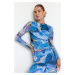 Trendyol Blue Patterned Draped Sheer Backless Fitted/Situated Tulle Knitted Blouse