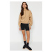 Trendyol Beige Fleece Inner Hooded Comfort Fit Crop Knitted Sweatshirt