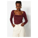 Trendyol Burgundy Piping Detailed Square Neck Fitted/Situated Crop Interlock Knitted Blouse