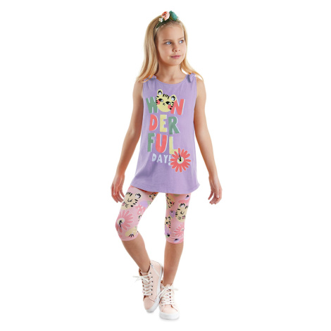 Denokids Cat Floral Sleeveless Girls Summer Tunic T-shirt Tights Set