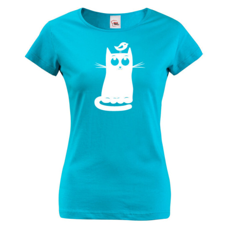 Dámske tričko s mačkou  a vtáčikom - štýlový darček pre milovníkov mačiek