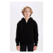 DEFACTO Boy Basic Knitwear Polar Fleece Lined Hooded Zippered Black School Cardigan