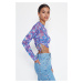 Trendyol Purple Butterfly Printed Gathering Detailed Crew Neck Basic Crop Flexible Tulle Knitted