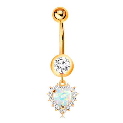 Zlatý 9K piercing do pupku - okrúhly zirkón v objímke, opálové srdce s čírym lemom