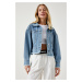 Happiness İstanbul Women's Light Blue Tassel Detailed Pocket Short Denim Jacket