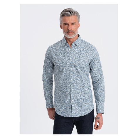Ombre Men's SLIM FIT shirt in small leaf print - light blue