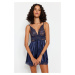 Trendyol Navy Blue Satin with Lace Detail Babydoll