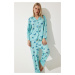 Happiness İstanbul Women's Aqua Green Patterned Shirt-Pants Knitted Pajama Set