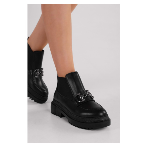 Shoeberry Women's Tastor Black Buckled Boots Loafer Black Skin