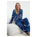 Trendyol Navy Blue Ethnic Patterned Tie/Ribbon/Bow Detailed Woven Pajama Set