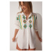 Happiness İstanbul Women's White Pearls Embroidery Oversized Airobine Shirt