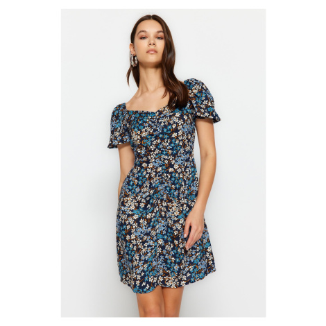 Trendyol Blue Mini tkané šaty s kvetinovým vzorom