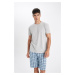 DEFACTO Men's Pajama Set Crew Neck Short Sleeve Top Patterned Shorts Elastic Waist Bottom