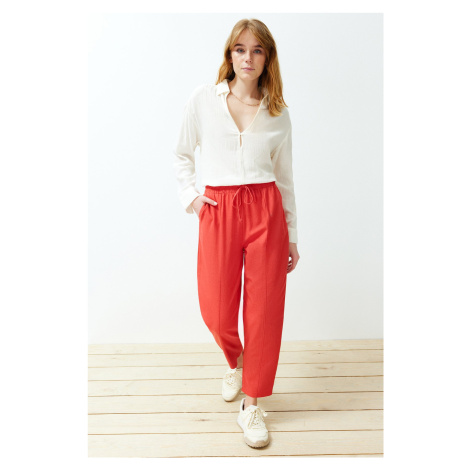 Trendyol Red Elastic Waist Linen Blended Woven Trousers