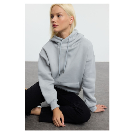 Trendyol Grey Oversize Pattern Collar Detailed Kangaroo Pocket Thick Polar Fleece Knitted Sweats