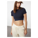 Trendyol Dark Navy Blue Crop Lightly Supported Soft Textured Crew Neck Knitted Sports Top/Blouse