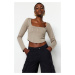 Trendyol Stone Piping Detail Square Neck Fitted/Situated Crop Interlock Knitted Blouse