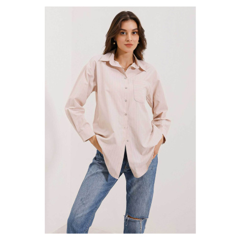 Bigdart 20217 Pocket Detailed Striped Oversize Shirt - Beige