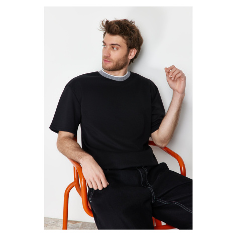 Trendyol Limited Edition Black Oversize/Wide Cut Knit Banded Textured Pique T-Shirt