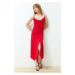 Trendyol Red Turndown Collar Strappy Body-Shouldered Slit Flexible Knitted Midi Dress