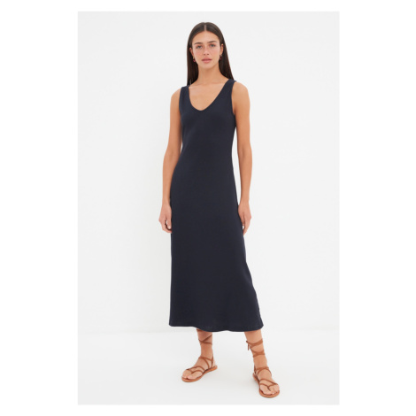 Trendyol Navy Blue Ribbed A-line Midi Knitted Dress