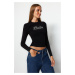 Trendyol Black Shiny Stone Printed Cotton Fitted Crop Knitted Blouse