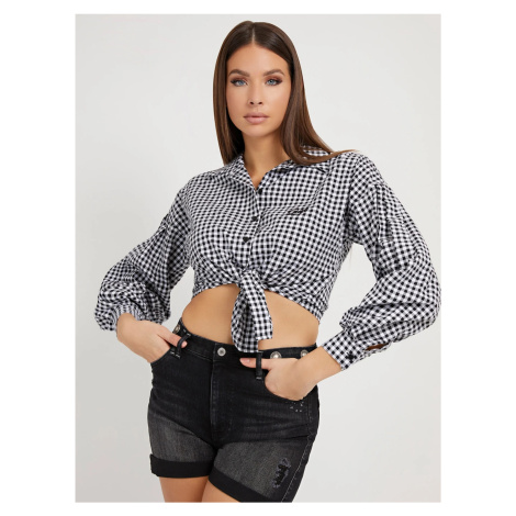 White and Black Ladies Plaid Shirt with Balloon Sleeves Guess - Ladies