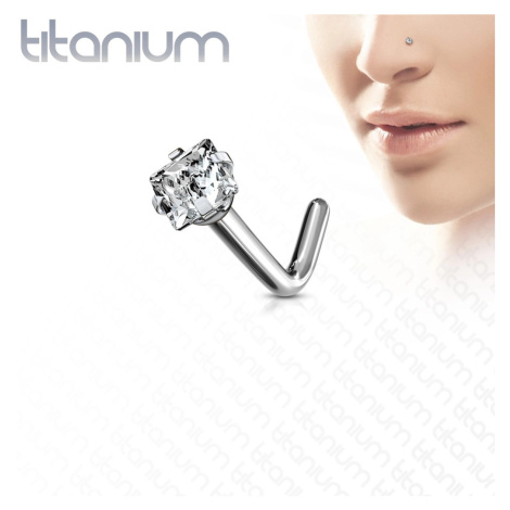 Zahnutý piercing do nosa z titánu - štvorcový brúsený zirkón v kotlíku - Hrúbka piercingu: 1 mm,