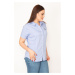 Şans Women's Plus Size Blue Front Buttoned Short Sleeve Shirt