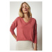 Happiness İstanbul Women's Pale Pink V-Neck Knitwear Blouse