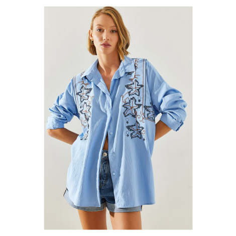 Bianco Lucci Women's Embroidered Patterned Oversize Shirt 5928