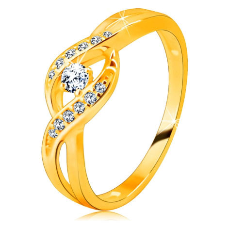 Zlatý prsteň zo 14K zlata - tenké prepletené ramená so zirkónikmi, okrúhly ligotavý zirkón - Veľ