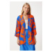 Happiness İstanbul Women's Blue Orange Patterned Viscose Kimono