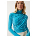 Happiness İstanbul Women's Turquoise Gather Detailed High Collar Sandy Blouse