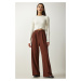 Happiness İstanbul Women's Brown Pleated Palazzo Trousers