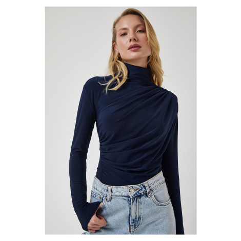 Happiness İstanbul Women's Navy Blue Gathered Detailed High Neck Sandy Blouse