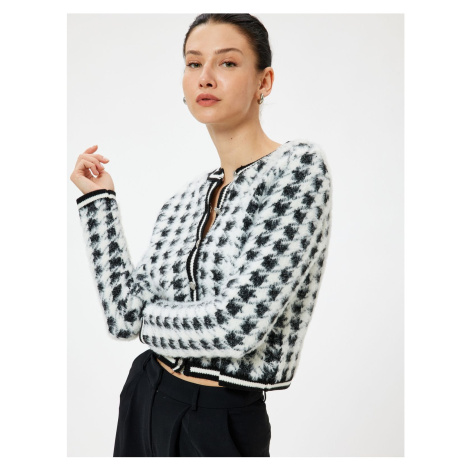 Koton Plush Houndstooth Patterned Cardigan Round Neck Buttoned