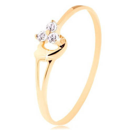 Prsteň zo žltého 14K zlata - tri diamanty v jemnom ružovom odtieni, srdiečko - Veľkosť: 60 mm