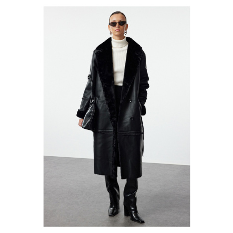 Trendyol Black Oversize Wide Cut Belted Fur Collar Detail Long Faux Leather Coat