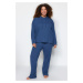 Trendyol Curve Indigo Hoodie Plain Relaxed Camisole Plus Size Bottom-Top Suit