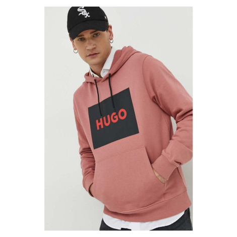 Bavlnená mikina HUGO pánska,ružová farba,s kapucňou,s potlačou,50473168 Hugo Boss