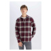 DEFACTO Men's Burgundy Regular Fit Regular Cut Polo Collar Plaid Lumberjack Flannel Long Sleeve 