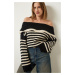 Happiness İstanbul Women's Black Madonna Collar Striped Knitwear Sweater