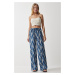 Happiness İstanbul Women's Blue Ecru Patterned Flowing Viscose Palazzo Trousers