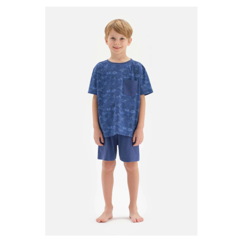 Dagi Navy Blue Size Printed Pocket Detailed Shorts Pajamas Set