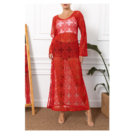 armonika Dámske červené dlhé plážové šaty s rozparkami a vzorom