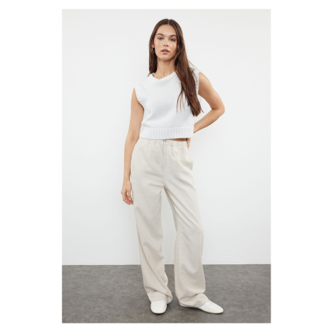 Trendyol Stone Premium Waist Detailed Linen Blended High Waist Wide Leg Trousers