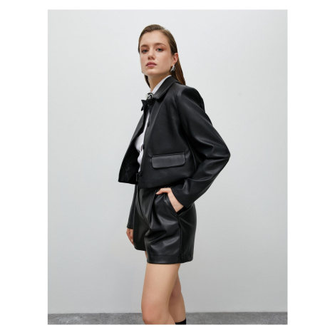 Koton Faux Leather Jacket Crop Covered Pocket Buttoned